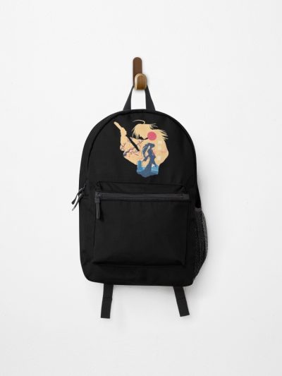 Kenshin Himura Silhouette Featured With Kaoru Kamiya Japanese Text Kanji And Flying Sakura Flower Or Cherry Blossom In Aesthetic Minimalist Drawing Style From Samurai X Or Rurouni Kenshin Anime Backpack Official Anime Backpack Merch